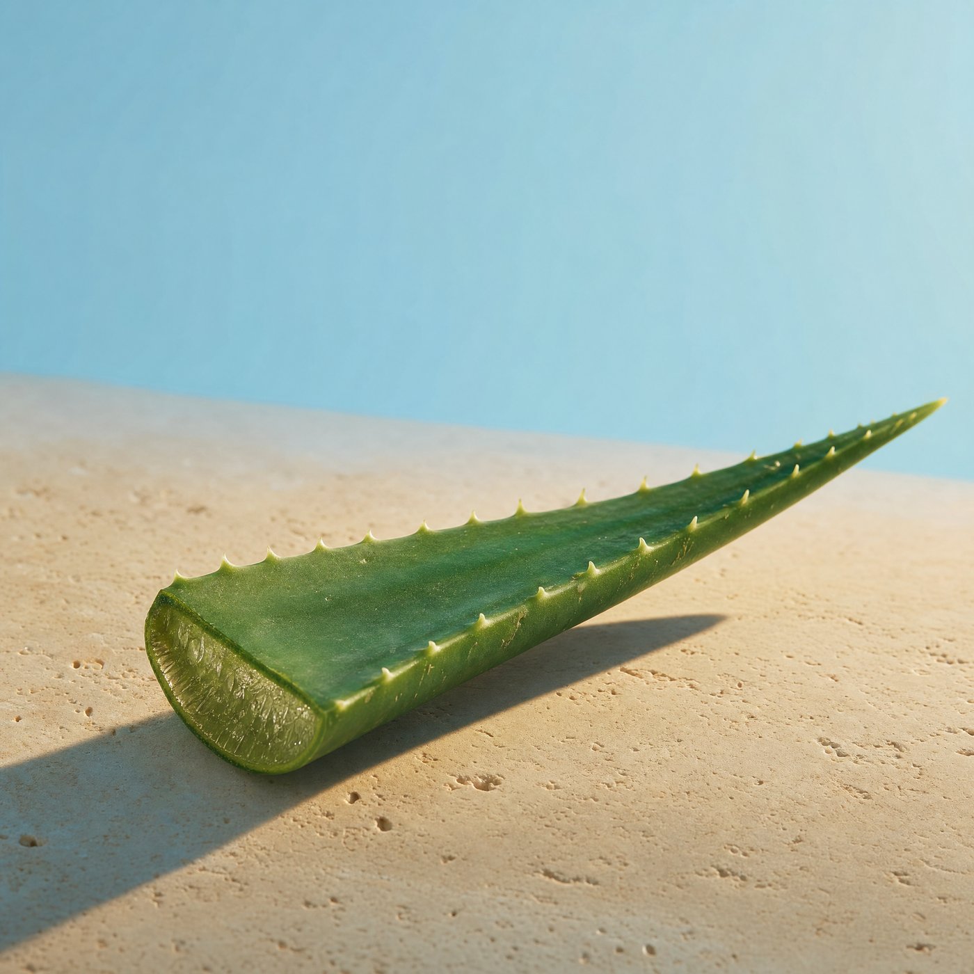 Whole aloe vera leaf on travertine, blue sky behind