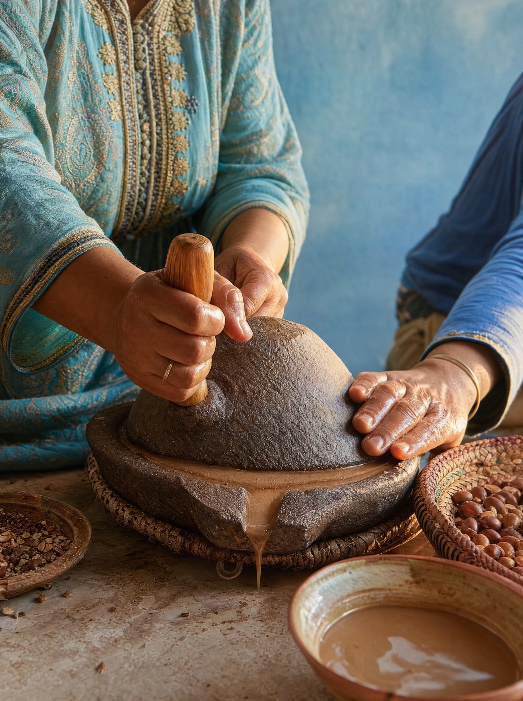Cooperative women in the Souss-Massa region pressing argan kernels in the traditional azerg stone mill