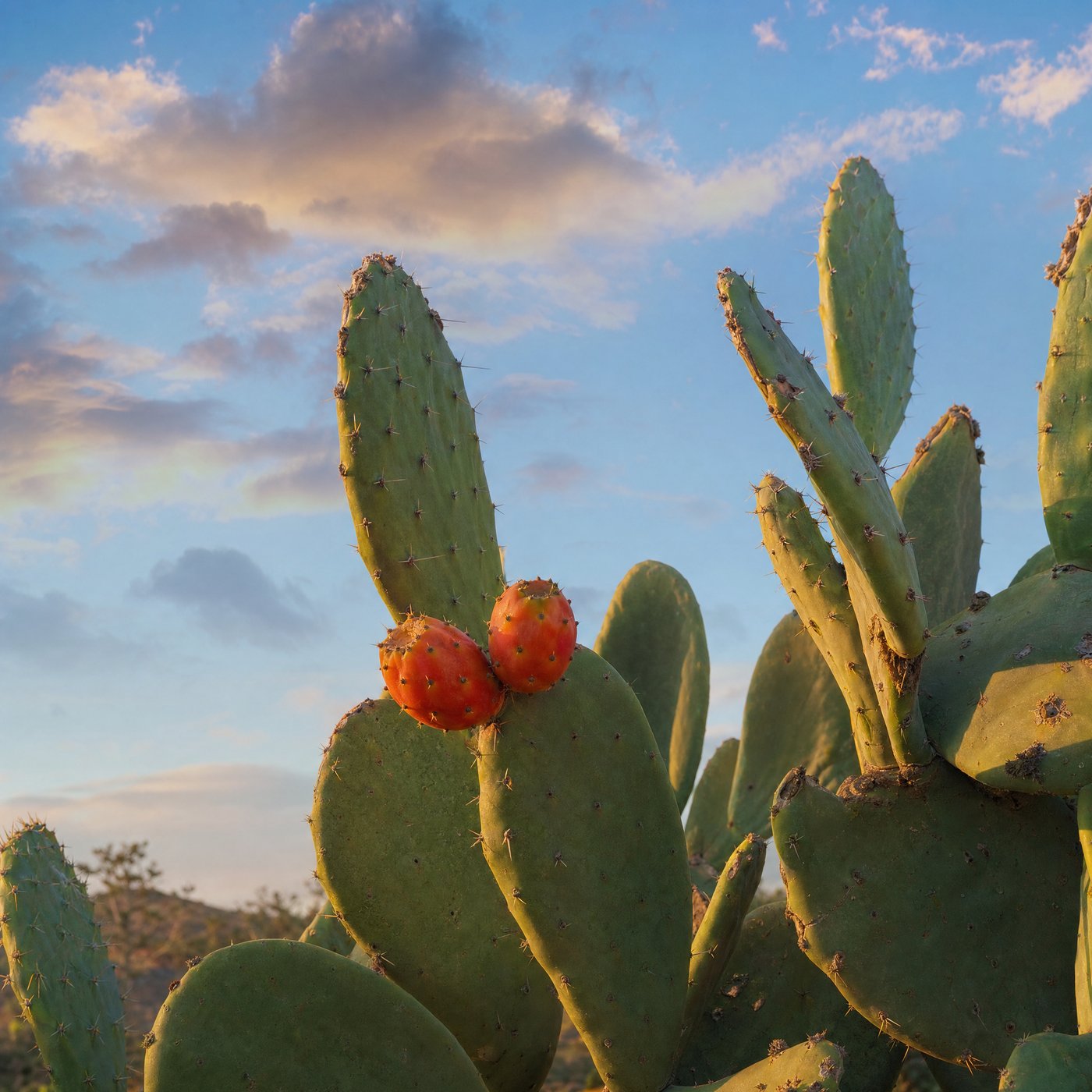 Prickly pear cactus paddles and cut fruit revealing magenta flesh