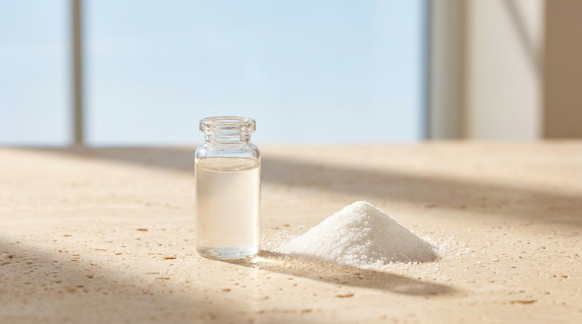 A small glass vial of clear moisturising serum beside a pile of fine white plant-sugar crystals on travertine