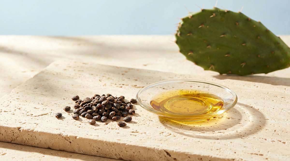 Prickly pear seeds beside a glass dish of golden seed oil on travertine, with a cactus paddle softly out of focus