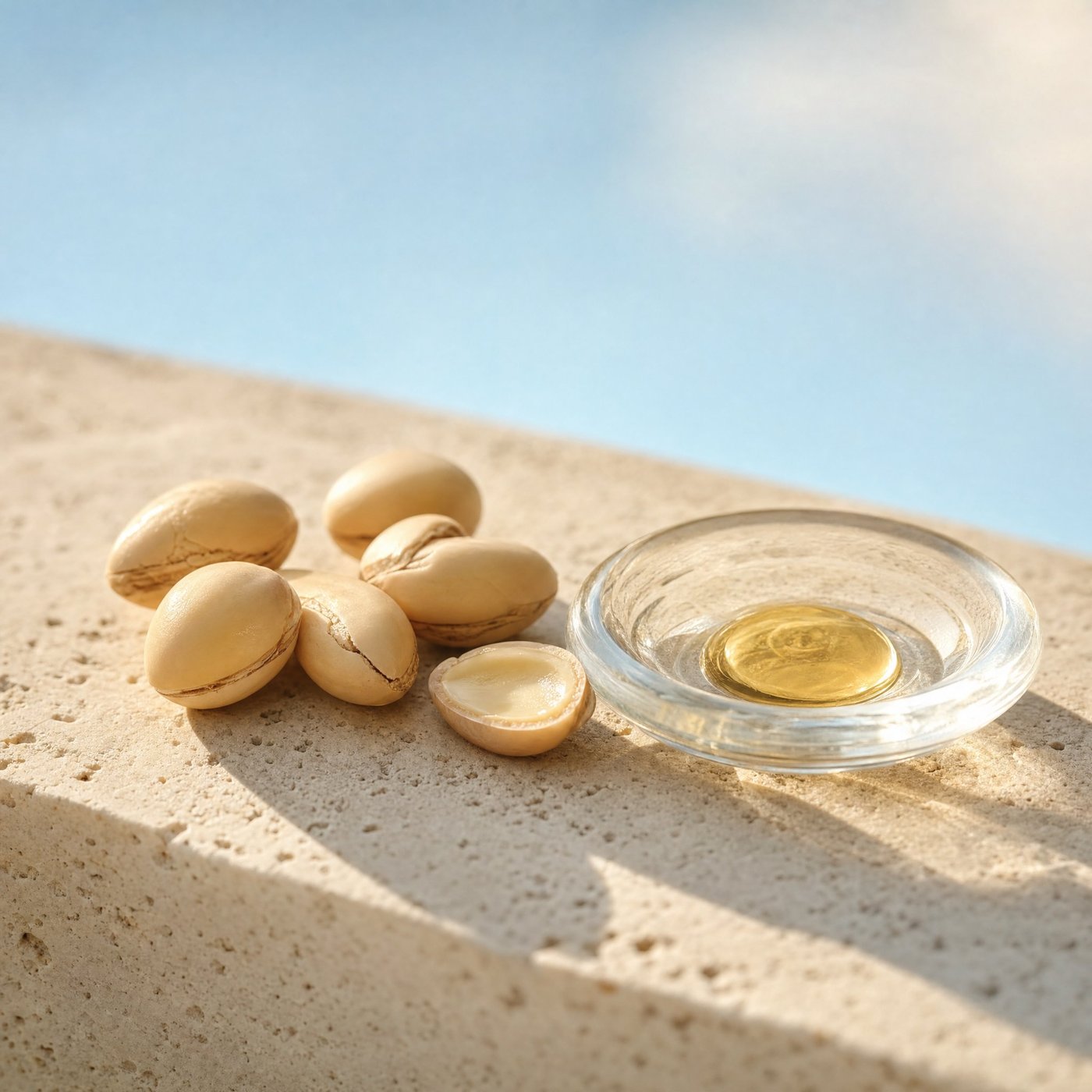 Argan kernels and a glass dish of golden cold-pressed argan oil on travertine