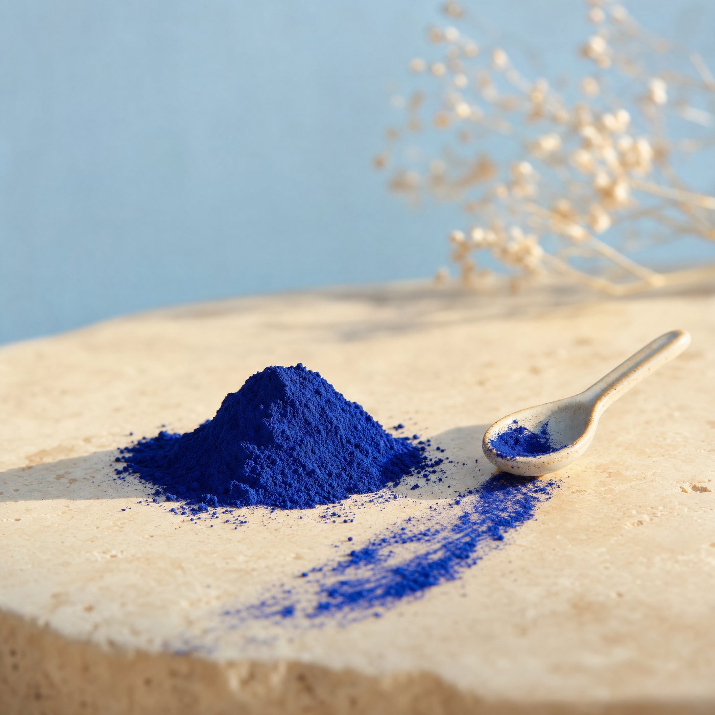 Blue Nila indigo powder swirl in a ceramic bowl