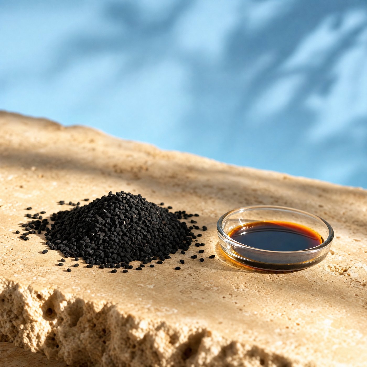 Black seeds and nigella sativa flowers around a SANOUJ dropper bottle