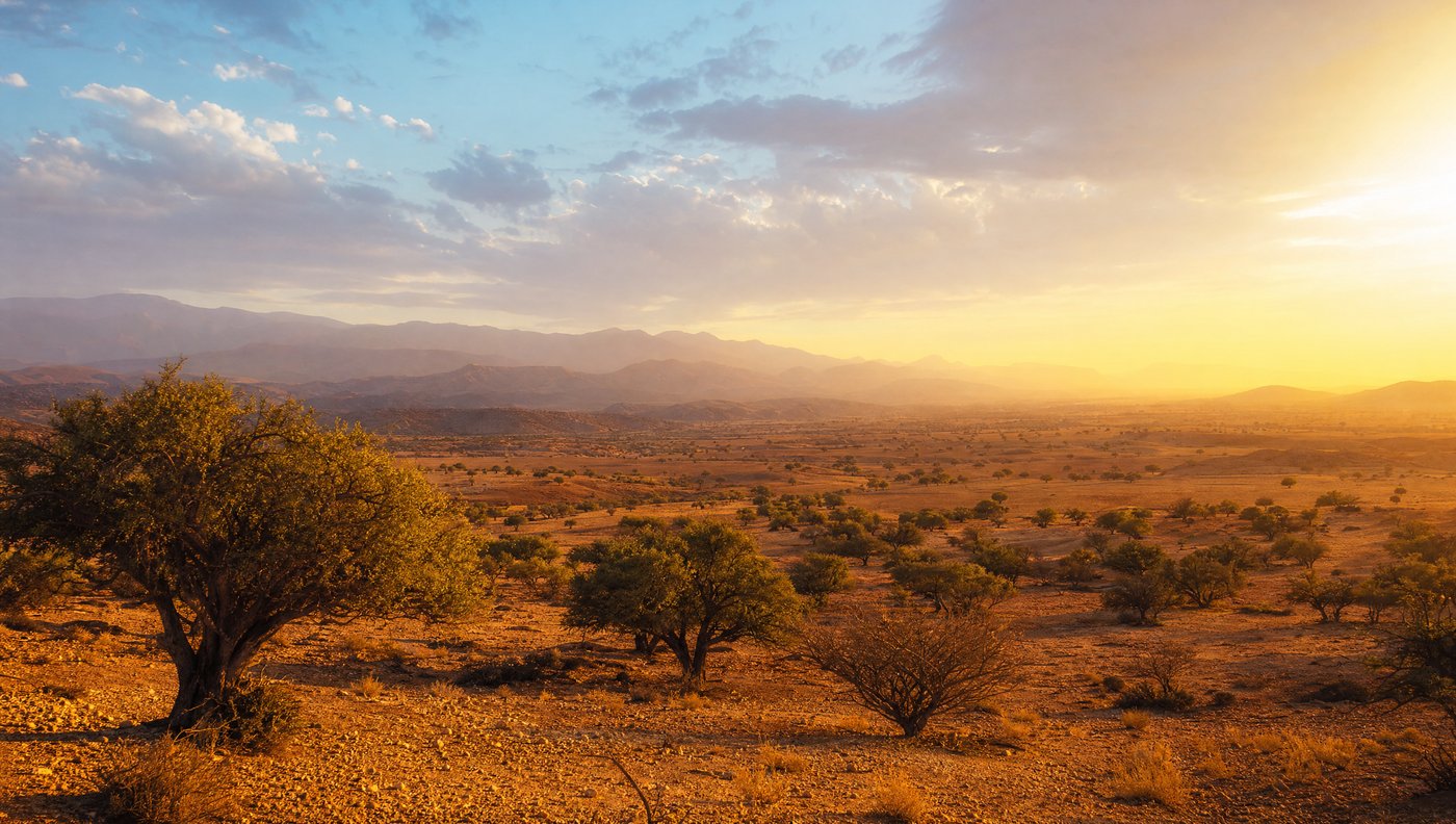 Souss-Massa argan grove at golden hour, Anti-Atlas mountains in the distance
